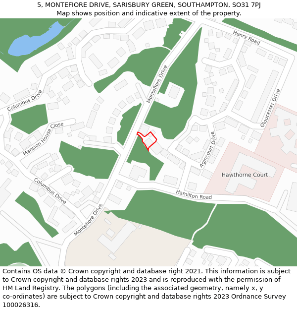 5, MONTEFIORE DRIVE, SARISBURY GREEN, SOUTHAMPTON, SO31 7PJ: Location map and indicative extent of plot