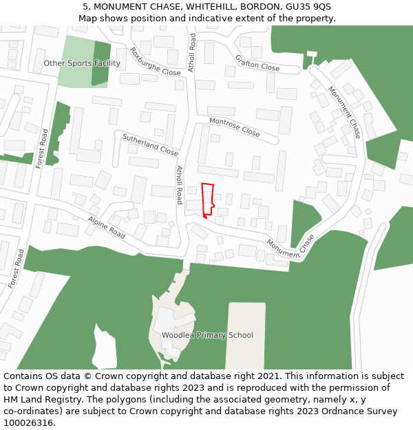 5, MONUMENT CHASE, WHITEHILL, BORDON, GU35 9QS: Location map and indicative extent of plot