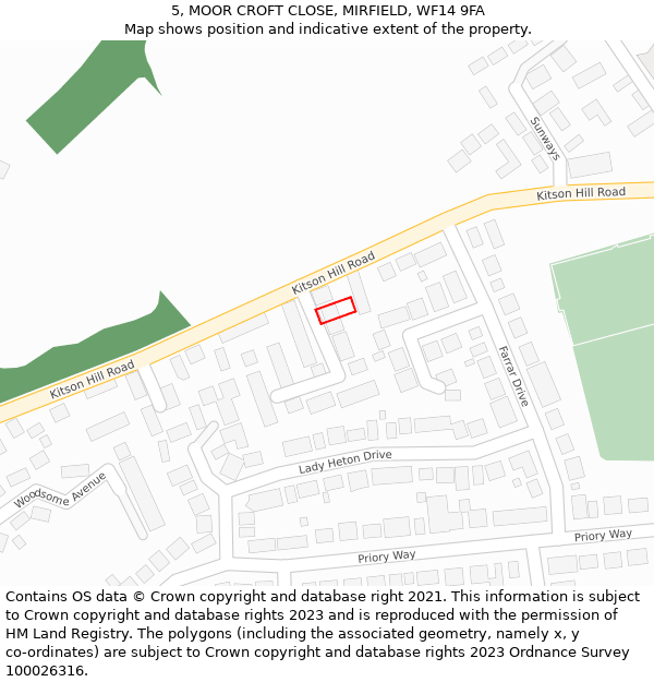 5, MOOR CROFT CLOSE, MIRFIELD, WF14 9FA: Location map and indicative extent of plot