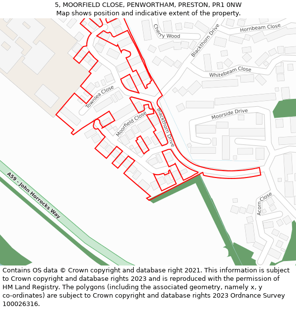 5, MOORFIELD CLOSE, PENWORTHAM, PRESTON, PR1 0NW: Location map and indicative extent of plot