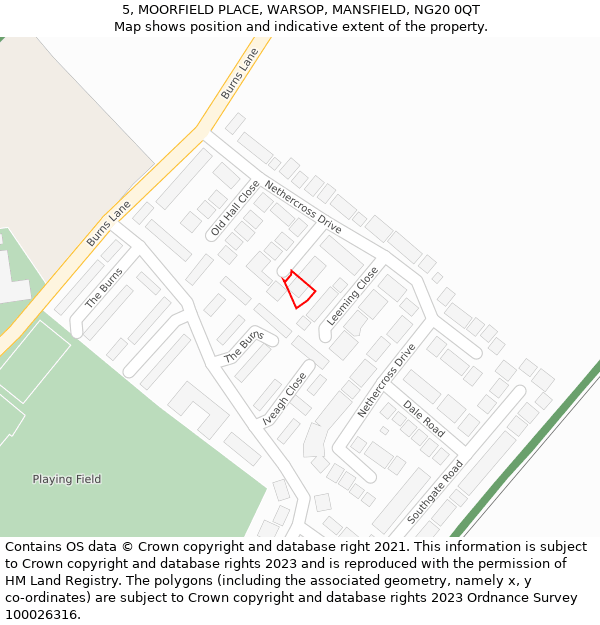 5, MOORFIELD PLACE, WARSOP, MANSFIELD, NG20 0QT: Location map and indicative extent of plot