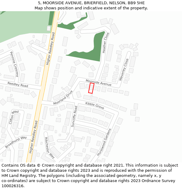 5, MOORSIDE AVENUE, BRIERFIELD, NELSON, BB9 5HE: Location map and indicative extent of plot