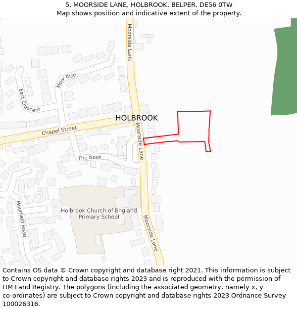 5, MOORSIDE LANE, HOLBROOK, BELPER, DE56 0TW: Location map and indicative extent of plot