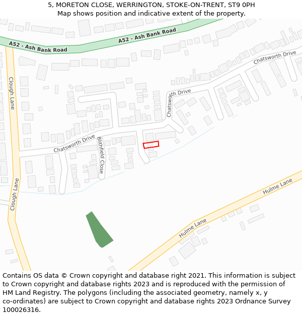 5, MORETON CLOSE, WERRINGTON, STOKE-ON-TRENT, ST9 0PH: Location map and indicative extent of plot