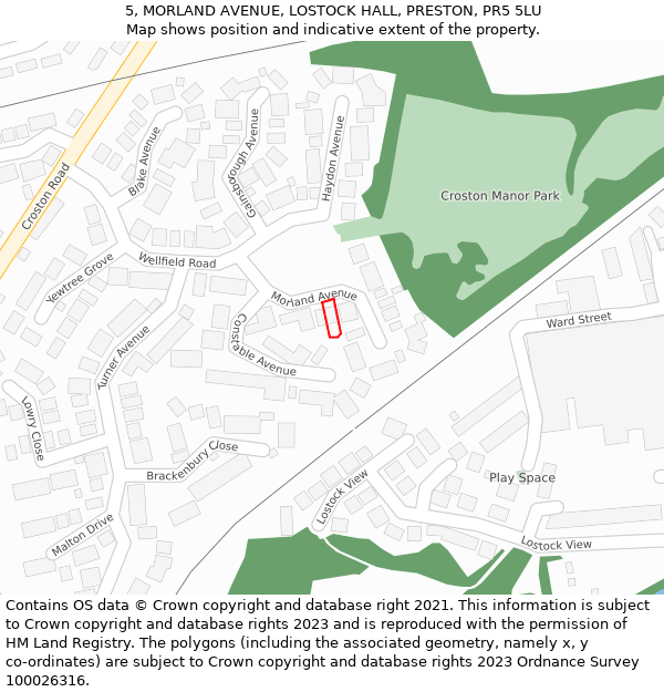 5, MORLAND AVENUE, LOSTOCK HALL, PRESTON, PR5 5LU: Location map and indicative extent of plot