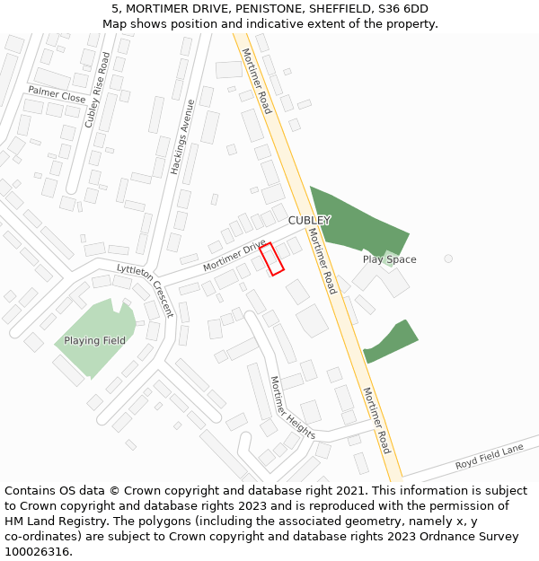 5, MORTIMER DRIVE, PENISTONE, SHEFFIELD, S36 6DD: Location map and indicative extent of plot