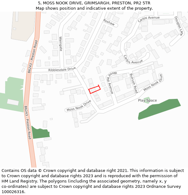 5, MOSS NOOK DRIVE, GRIMSARGH, PRESTON, PR2 5TR: Location map and indicative extent of plot