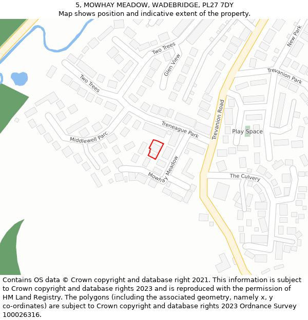 5, MOWHAY MEADOW, WADEBRIDGE, PL27 7DY: Location map and indicative extent of plot