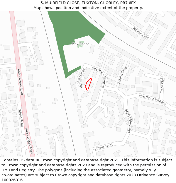 5, MUIRFIELD CLOSE, EUXTON, CHORLEY, PR7 6FX: Location map and indicative extent of plot