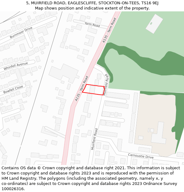 5, MUIRFIELD ROAD, EAGLESCLIFFE, STOCKTON-ON-TEES, TS16 9EJ: Location map and indicative extent of plot