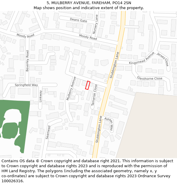 5, MULBERRY AVENUE, FAREHAM, PO14 2SN: Location map and indicative extent of plot