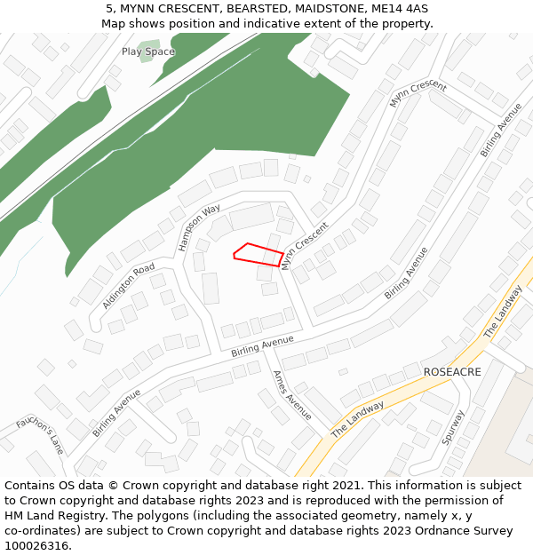 5, MYNN CRESCENT, BEARSTED, MAIDSTONE, ME14 4AS: Location map and indicative extent of plot