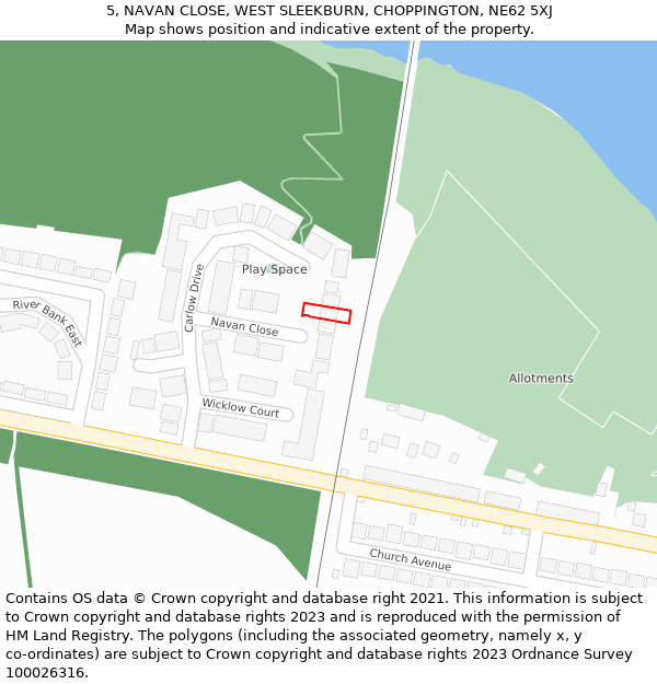 5, NAVAN CLOSE, WEST SLEEKBURN, CHOPPINGTON, NE62 5XJ: Location map and indicative extent of plot