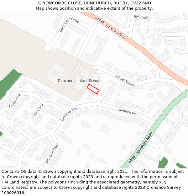 5, NEWCOMBE CLOSE, DUNCHURCH, RUGBY, CV22 6ND: Location map and indicative extent of plot