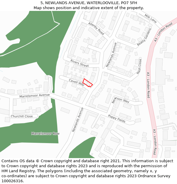 5, NEWLANDS AVENUE, WATERLOOVILLE, PO7 5FH: Location map and indicative extent of plot