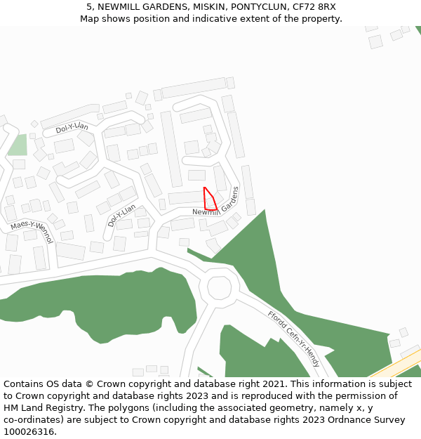 5, NEWMILL GARDENS, MISKIN, PONTYCLUN, CF72 8RX: Location map and indicative extent of plot