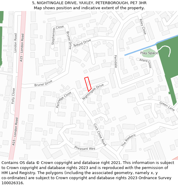 5, NIGHTINGALE DRIVE, YAXLEY, PETERBOROUGH, PE7 3HR: Location map and indicative extent of plot