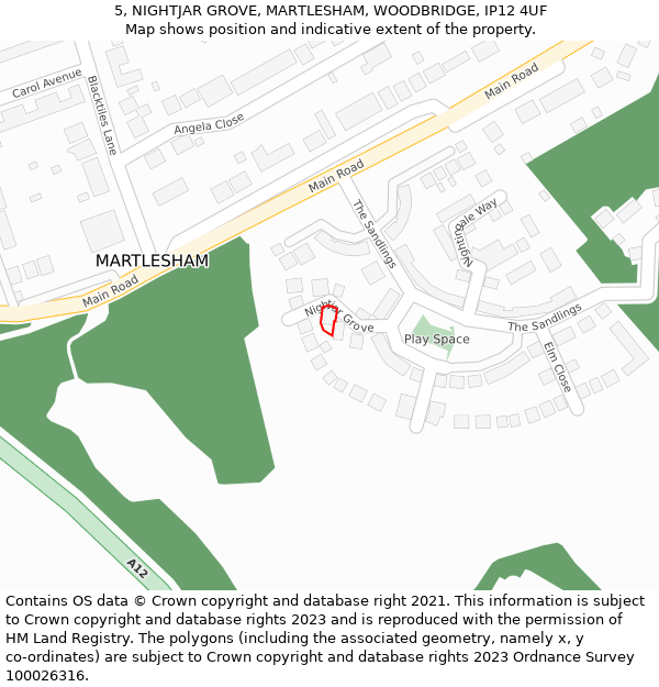 5, NIGHTJAR GROVE, MARTLESHAM, WOODBRIDGE, IP12 4UF: Location map and indicative extent of plot