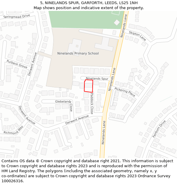 5, NINELANDS SPUR, GARFORTH, LEEDS, LS25 1NH: Location map and indicative extent of plot