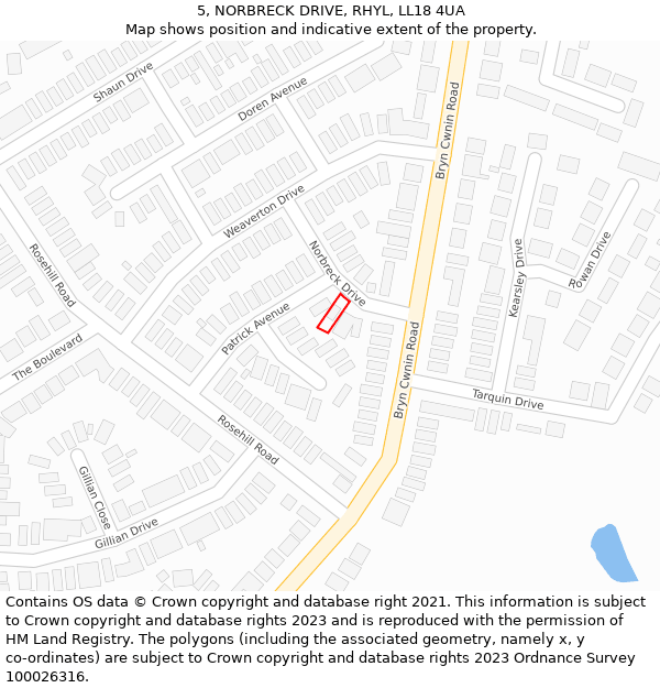 5, NORBRECK DRIVE, RHYL, LL18 4UA: Location map and indicative extent of plot