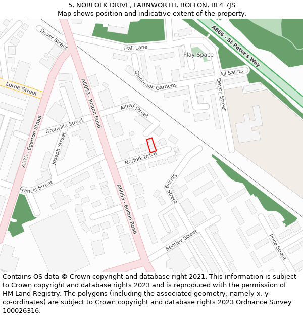 5, NORFOLK DRIVE, FARNWORTH, BOLTON, BL4 7JS: Location map and indicative extent of plot
