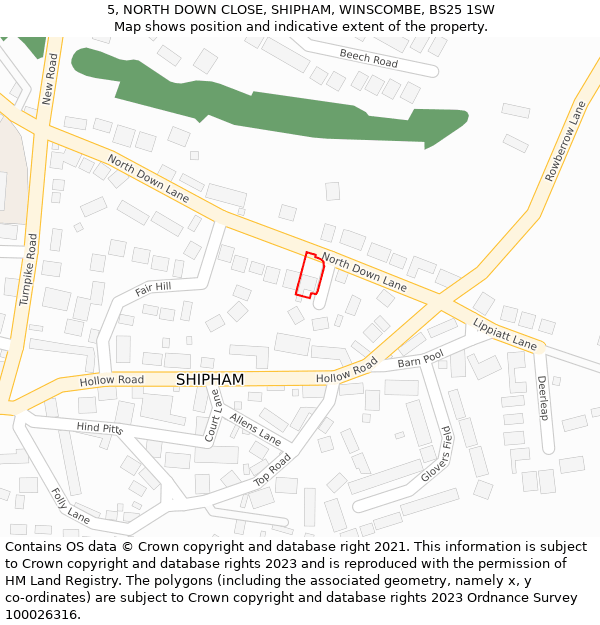 5, NORTH DOWN CLOSE, SHIPHAM, WINSCOMBE, BS25 1SW: Location map and indicative extent of plot