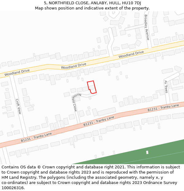 5, NORTHFIELD CLOSE, ANLABY, HULL, HU10 7DJ: Location map and indicative extent of plot