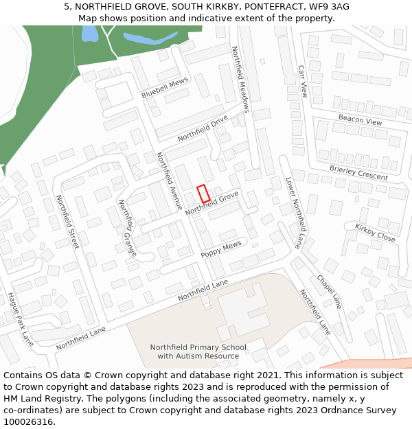 5, NORTHFIELD GROVE, SOUTH KIRKBY, PONTEFRACT, WF9 3AG: Location map and indicative extent of plot