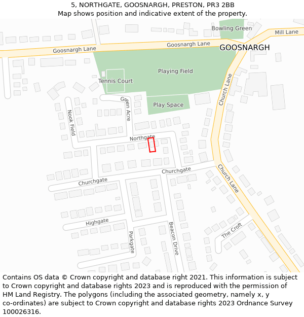 5, NORTHGATE, GOOSNARGH, PRESTON, PR3 2BB: Location map and indicative extent of plot