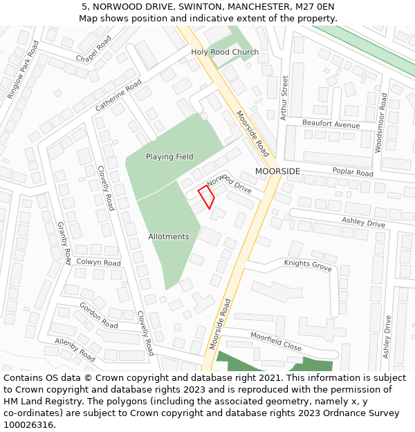 5, NORWOOD DRIVE, SWINTON, MANCHESTER, M27 0EN: Location map and indicative extent of plot