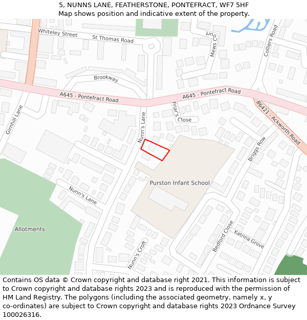 5, NUNNS LANE, FEATHERSTONE, PONTEFRACT, WF7 5HF: Location map and indicative extent of plot