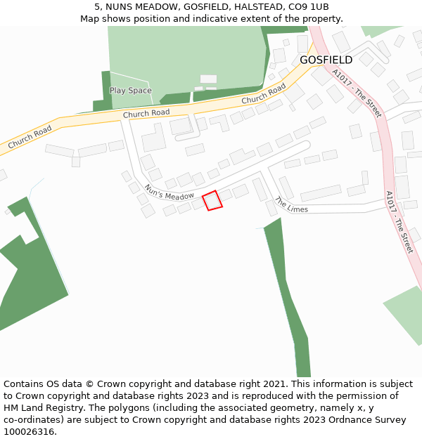 5, NUNS MEADOW, GOSFIELD, HALSTEAD, CO9 1UB: Location map and indicative extent of plot