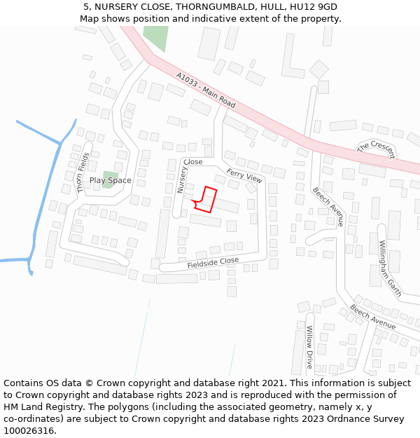 5, NURSERY CLOSE, THORNGUMBALD, HULL, HU12 9GD: Location map and indicative extent of plot