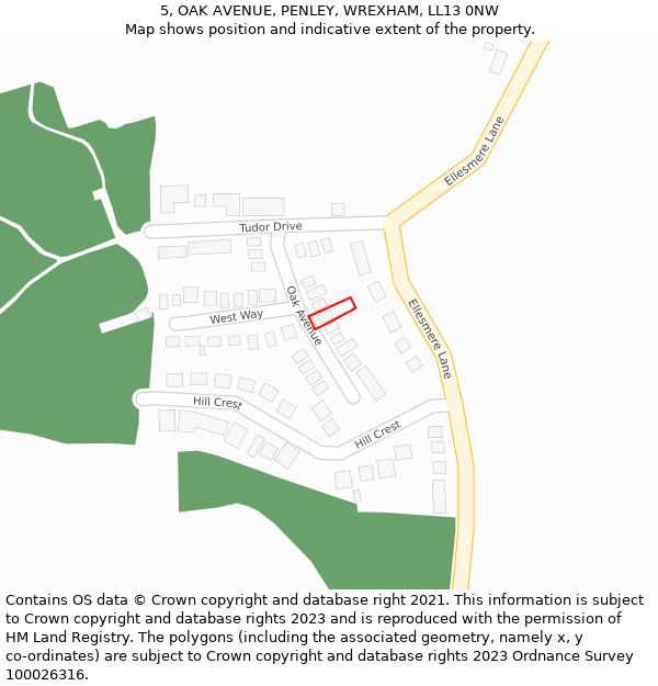 5, OAK AVENUE, PENLEY, WREXHAM, LL13 0NW: Location map and indicative extent of plot