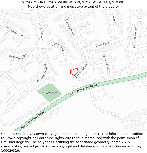 5, OAK MOUNT ROAD, WERRINGTON, STOKE-ON-TRENT, ST9 0BZ: Location map and indicative extent of plot