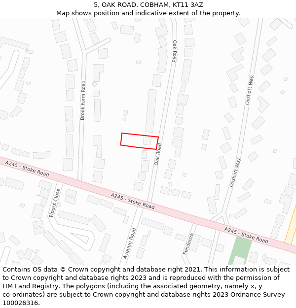 5, OAK ROAD, COBHAM, KT11 3AZ: Location map and indicative extent of plot