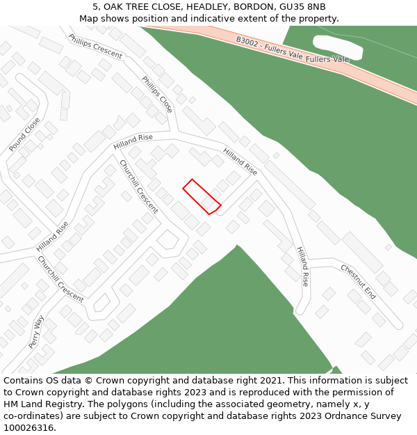 5, OAK TREE CLOSE, HEADLEY, BORDON, GU35 8NB: Location map and indicative extent of plot