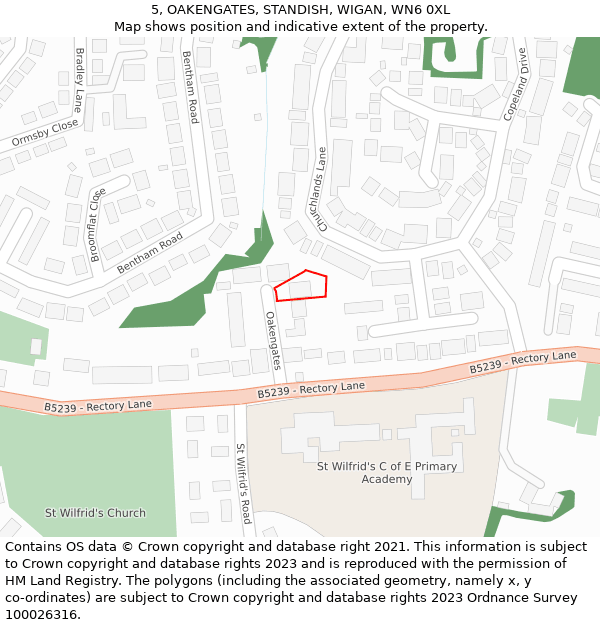 5, OAKENGATES, STANDISH, WIGAN, WN6 0XL: Location map and indicative extent of plot