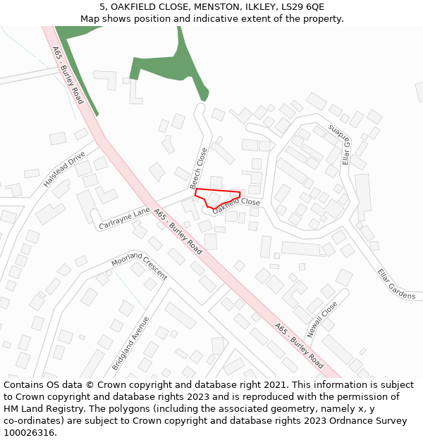 5, OAKFIELD CLOSE, MENSTON, ILKLEY, LS29 6QE: Location map and indicative extent of plot