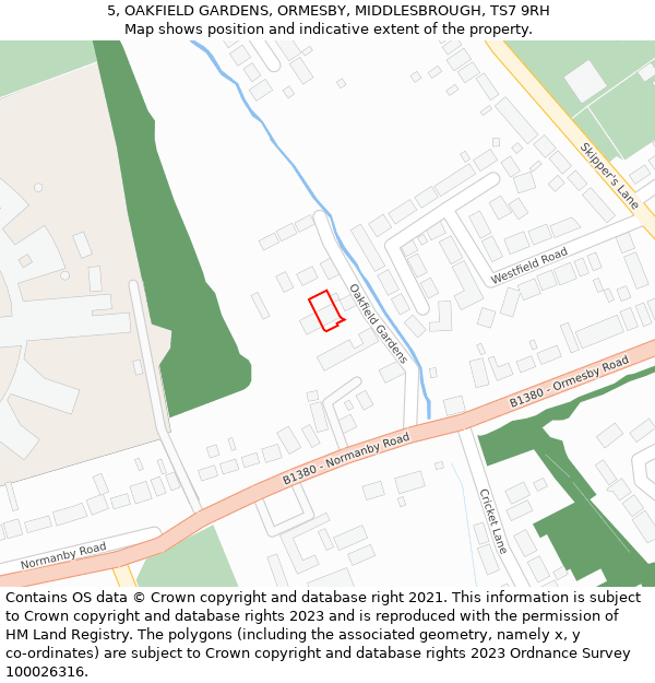 5, OAKFIELD GARDENS, ORMESBY, MIDDLESBROUGH, TS7 9RH: Location map and indicative extent of plot