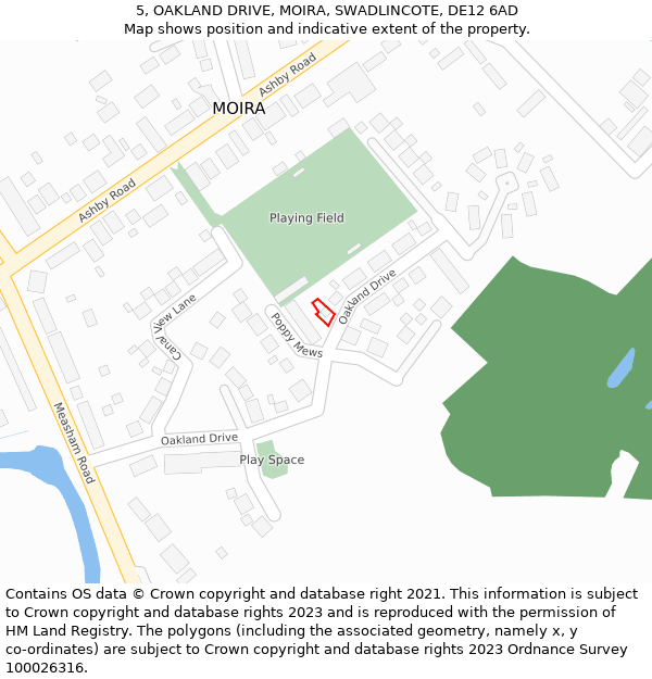 5, OAKLAND DRIVE, MOIRA, SWADLINCOTE, DE12 6AD: Location map and indicative extent of plot