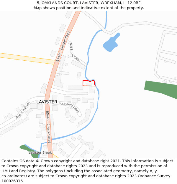 5, OAKLANDS COURT, LAVISTER, WREXHAM, LL12 0BF: Location map and indicative extent of plot