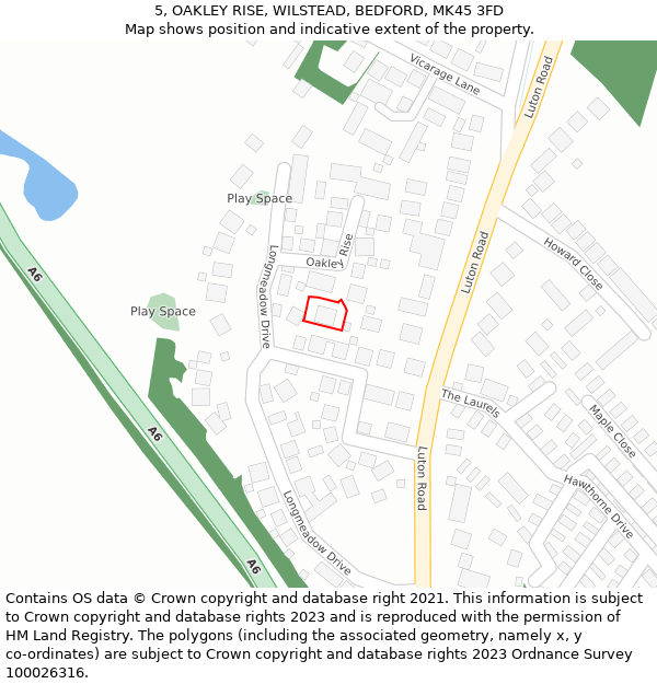 5, OAKLEY RISE, WILSTEAD, BEDFORD, MK45 3FD: Location map and indicative extent of plot