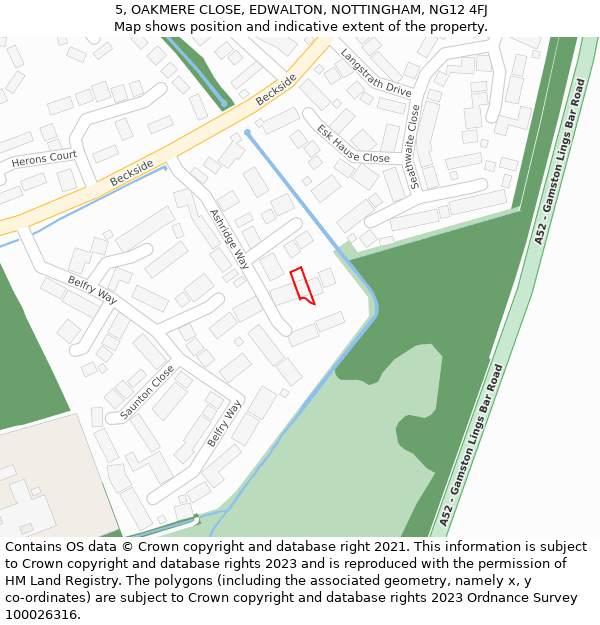 5, OAKMERE CLOSE, EDWALTON, NOTTINGHAM, NG12 4FJ: Location map and indicative extent of plot