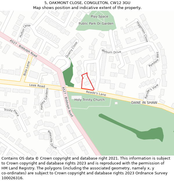 5, OAKMONT CLOSE, CONGLETON, CW12 3GU: Location map and indicative extent of plot