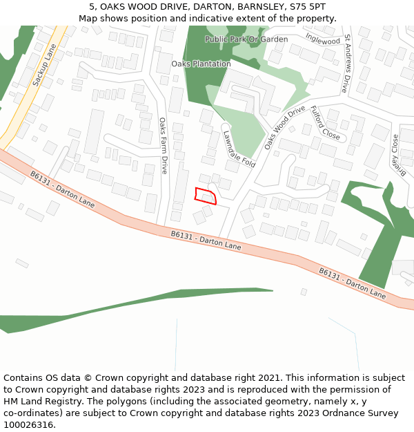 5, OAKS WOOD DRIVE, DARTON, BARNSLEY, S75 5PT: Location map and indicative extent of plot