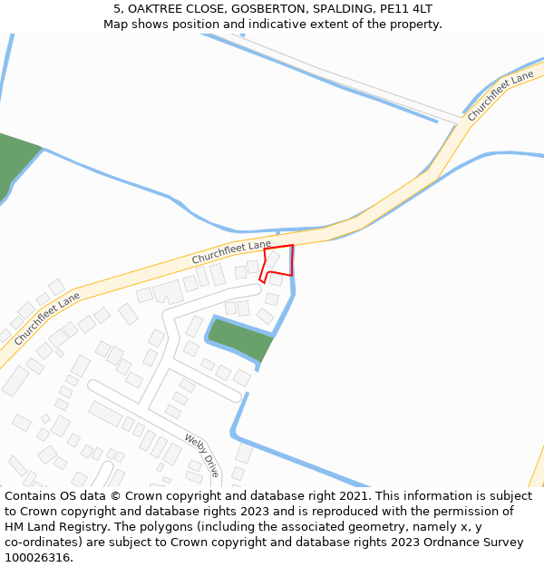 5, OAKTREE CLOSE, GOSBERTON, SPALDING, PE11 4LT: Location map and indicative extent of plot