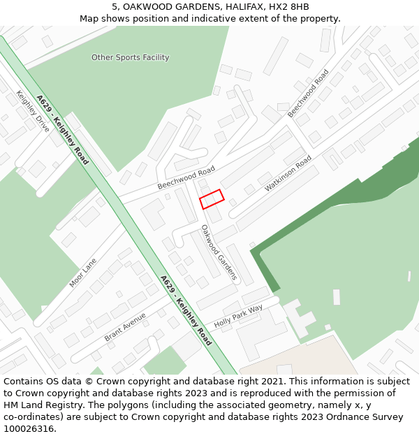 5, OAKWOOD GARDENS, HALIFAX, HX2 8HB: Location map and indicative extent of plot