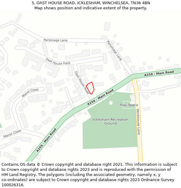 5, OAST HOUSE ROAD, ICKLESHAM, WINCHELSEA, TN36 4BN: Location map and indicative extent of plot