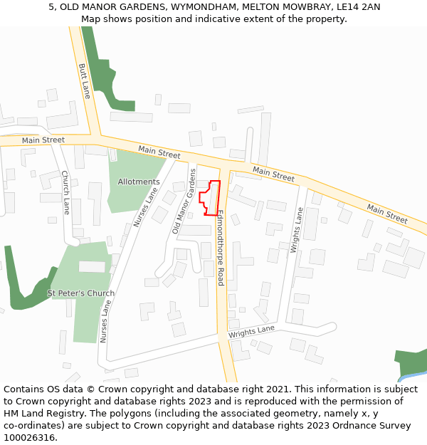 5, OLD MANOR GARDENS, WYMONDHAM, MELTON MOWBRAY, LE14 2AN: Location map and indicative extent of plot